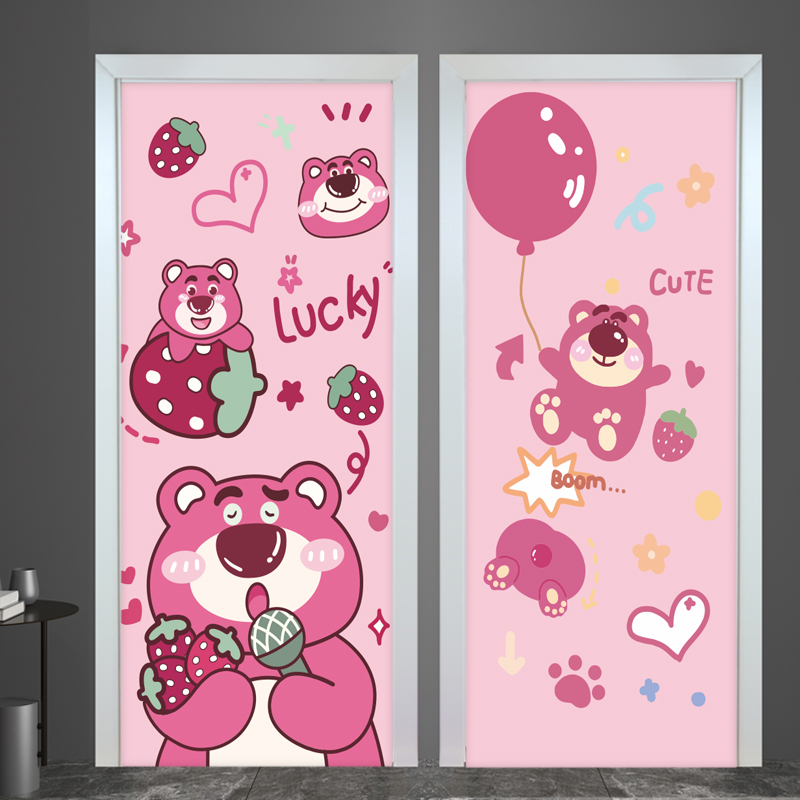 卡通图案粉色熊孩门贴纸自粘整张翻新装饰墙贴卫生间柜子衣柜贴画