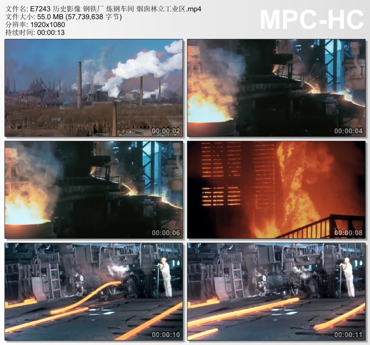 历史影像 钢铁厂 炼钢车间 烟囱林立工业区 高清实拍视频素材