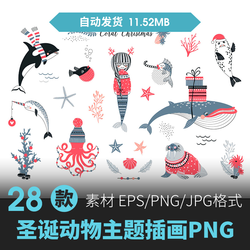 卡通手绘水彩海洋动物植物鲸鱼水母章鱼图案AI矢量PNG手账素材