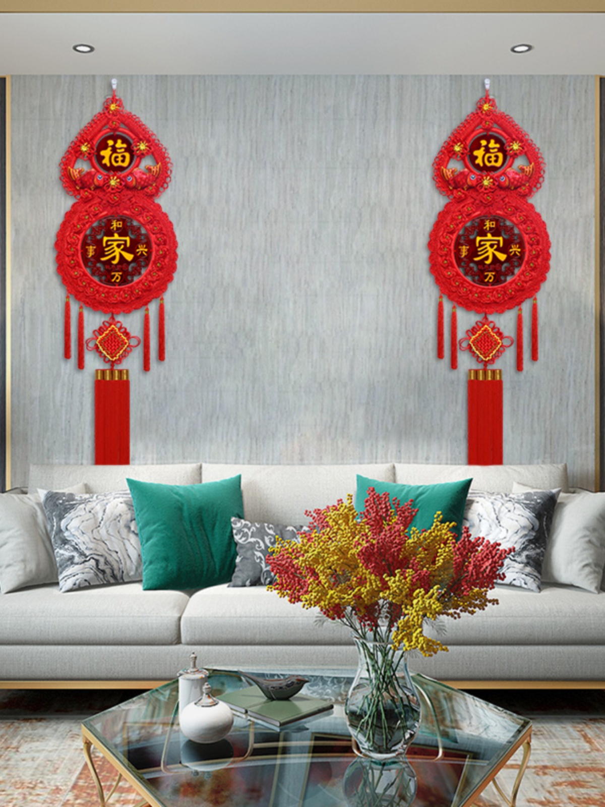 新品中国结葫芦挂件客厅大号高档桃木福字挂饰对门玄关背景墙装饰
