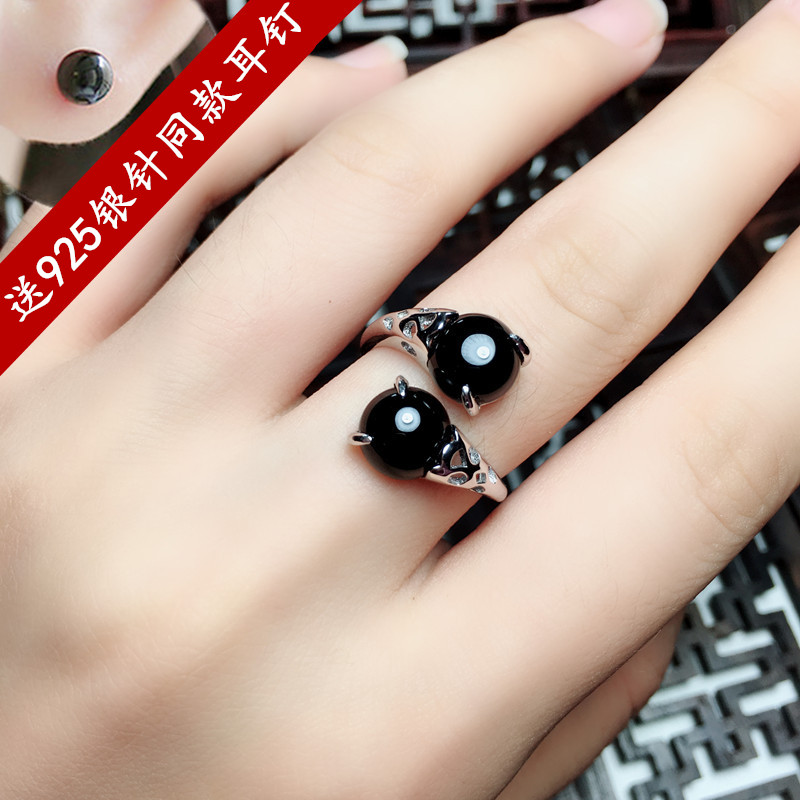 925纯银黑色玛瑙食指戒指女时尚潮流饰品可调节韩版个性黑不掉色