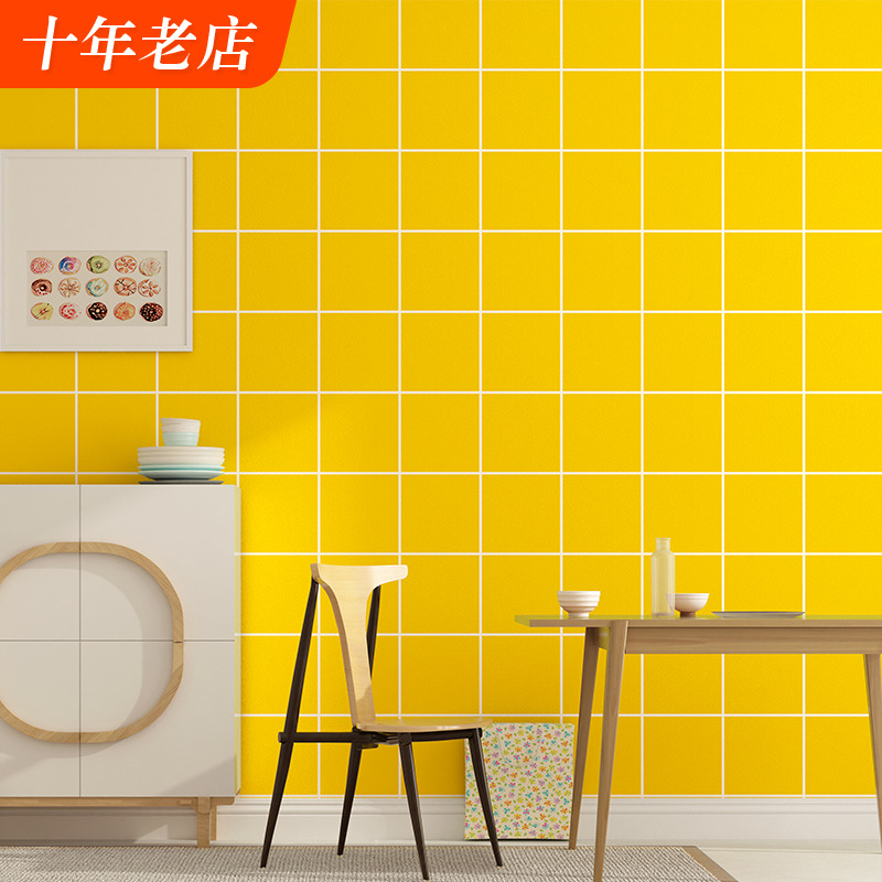 暖黄色系墙纸柠檬彩色格子北欧汉堡奶茶店专用墙面装修网红墙壁纸