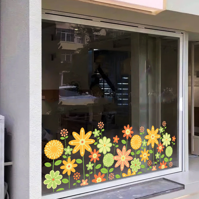 创意店铺橱窗防撞卡通花圃腰线贴布置玻璃门贴鲜花背景装饰静电贴