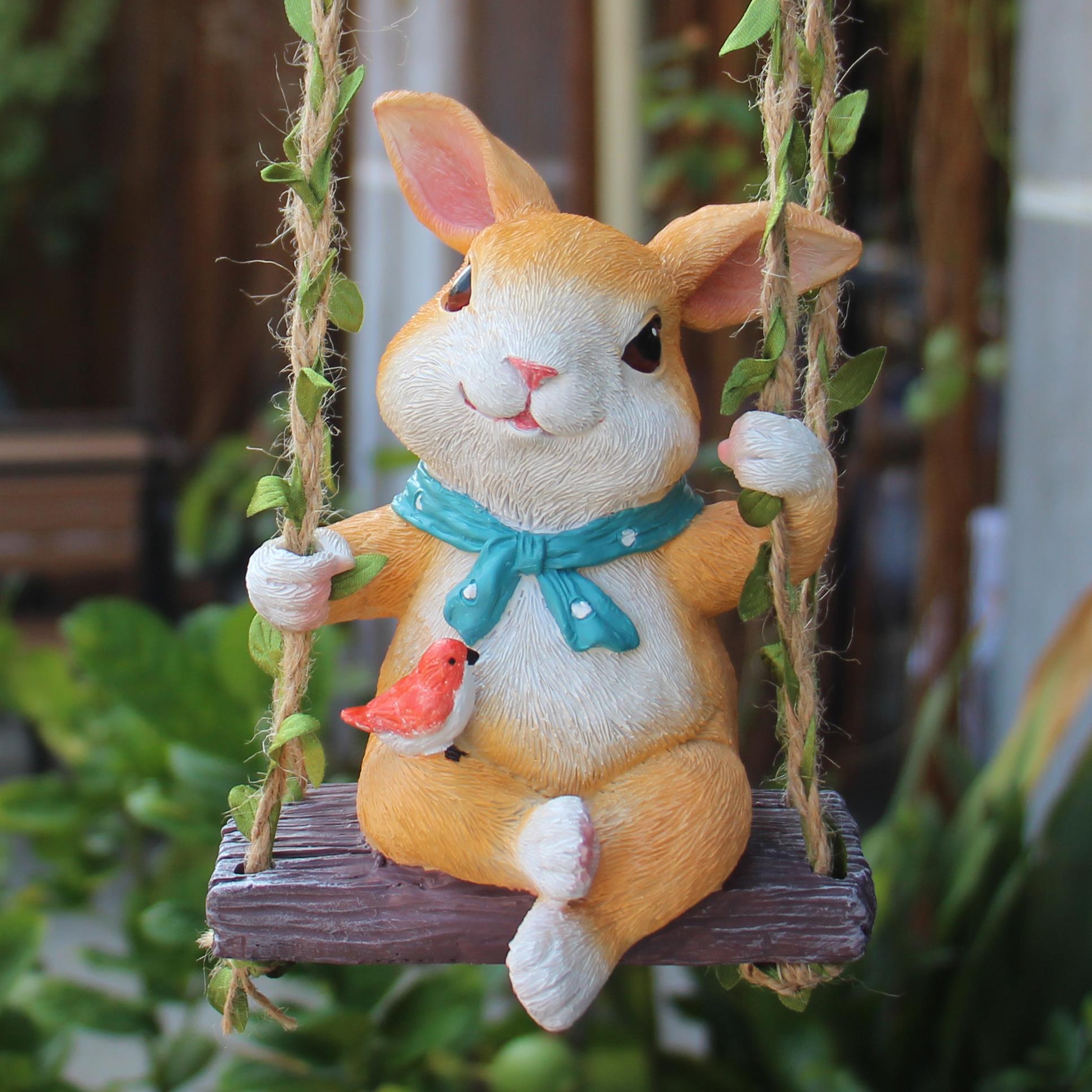 花园阳台卡通兔子秋千挂件幼儿园动物装饰户外庭院子树上造景摆件