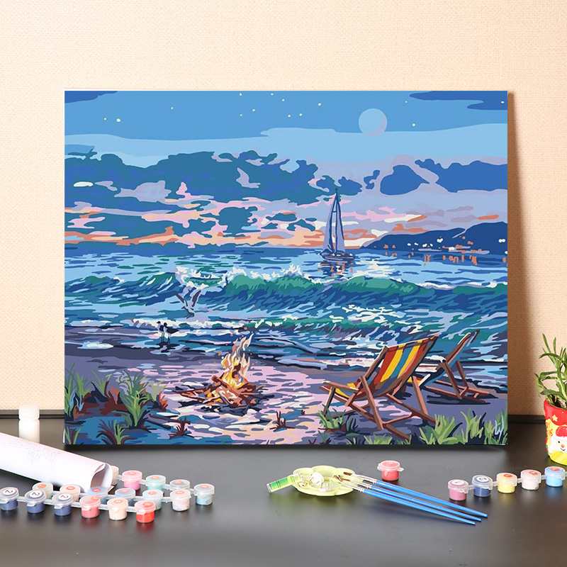 数字油画diy填充夏天沙滩海滩椰子树手工填色风景丙烯油彩画画