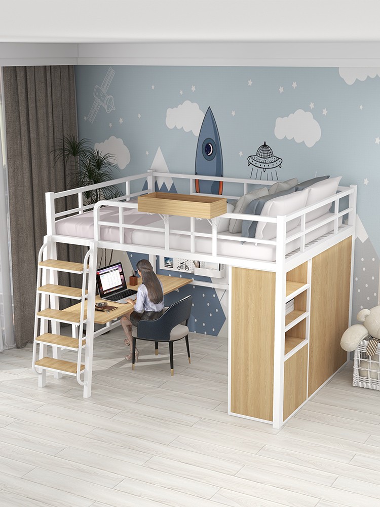铁艺高架床上床下桌组合床多功能斜直梯小户型公寓阁楼衣柜床定制