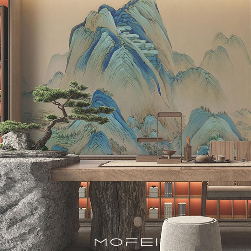 新中式青绿山水壁画千里江山壁纸电视背景墙纸客厅影视墙定制墙布