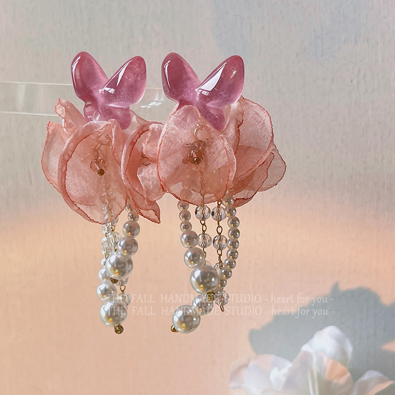 （买二送一）原创设计蝴蝶纺纱花朵珍珠长款耳环气质古风仙女耳夹