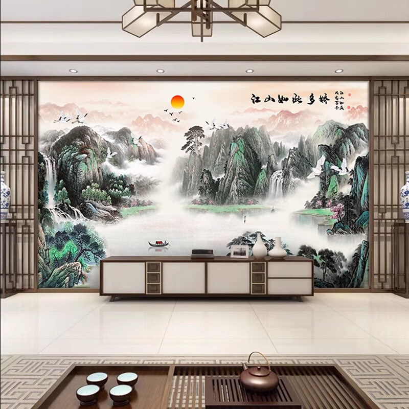 国画山水江山如此多娇壁布高端日出仙鹤电视背景墙客厅沙发装饰布