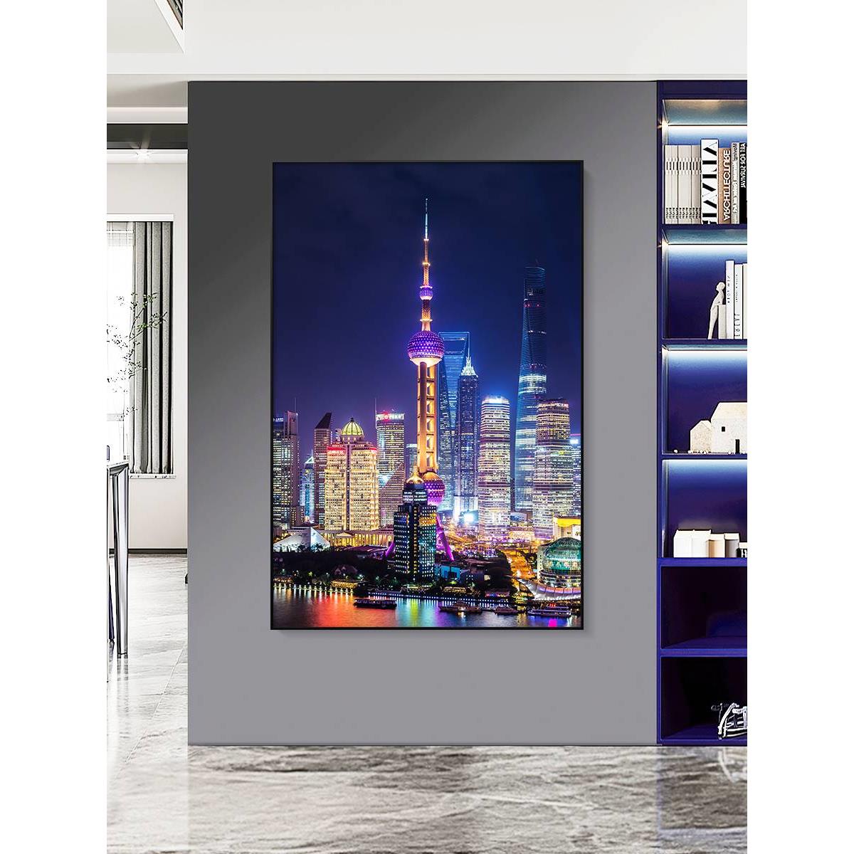 装饰画城市风景建筑上海东方明珠夜景摄影简约现代高级感玄关挂画