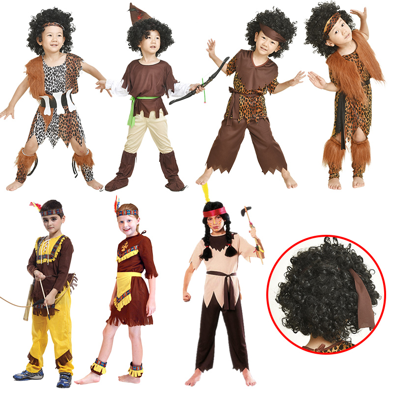 儿童野人演出服非洲土著原始人衣服舞蹈豹纹装猎人印第安表演服装