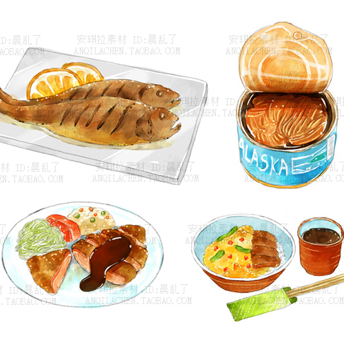 60款高清治愈系手绘水彩美食甜点面包肉串日式手账psd设计素材