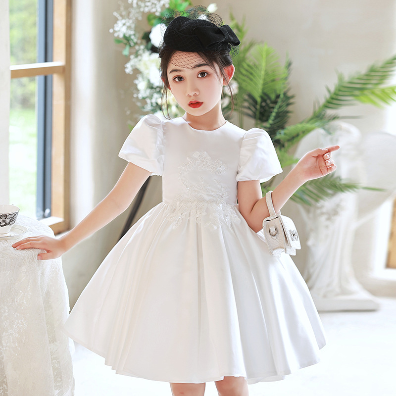 儿童礼服白色缎面2024新款夏花童蓬蓬公主裙走秀钢琴演出女童礼服