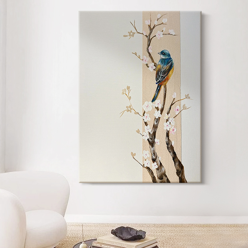 客厅喜上眉梢装饰壁画玄关新中式花鸟图挂画喜鹊抽象肌理手绘油画