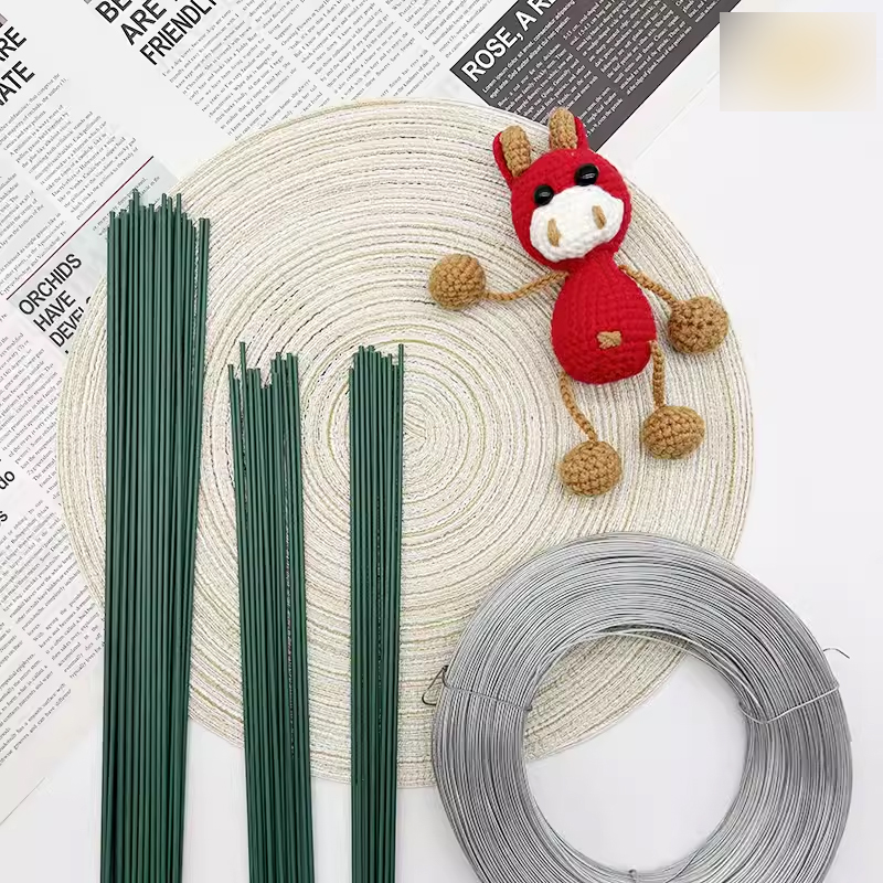 绿色2号花杆手工毛线玫瑰花杆包胶铁丝钩织玩偶耳朵叶子定型条