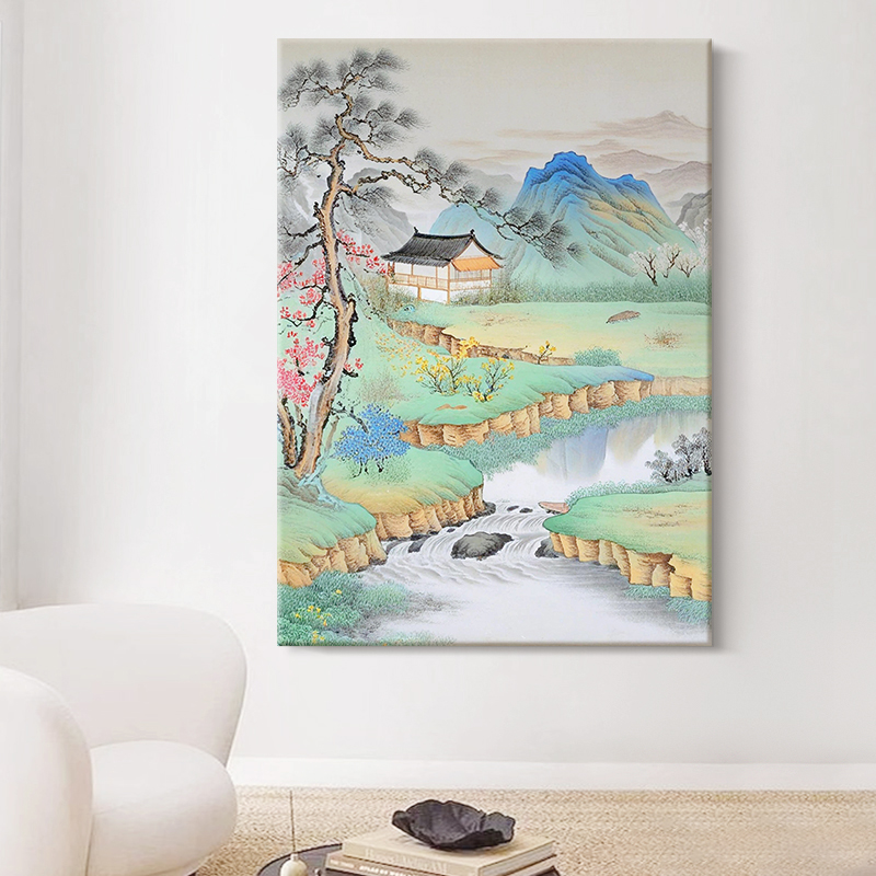 新中式客厅水墨山水装饰画玄关风景抽象挂画植物花卉肌理手绘油画