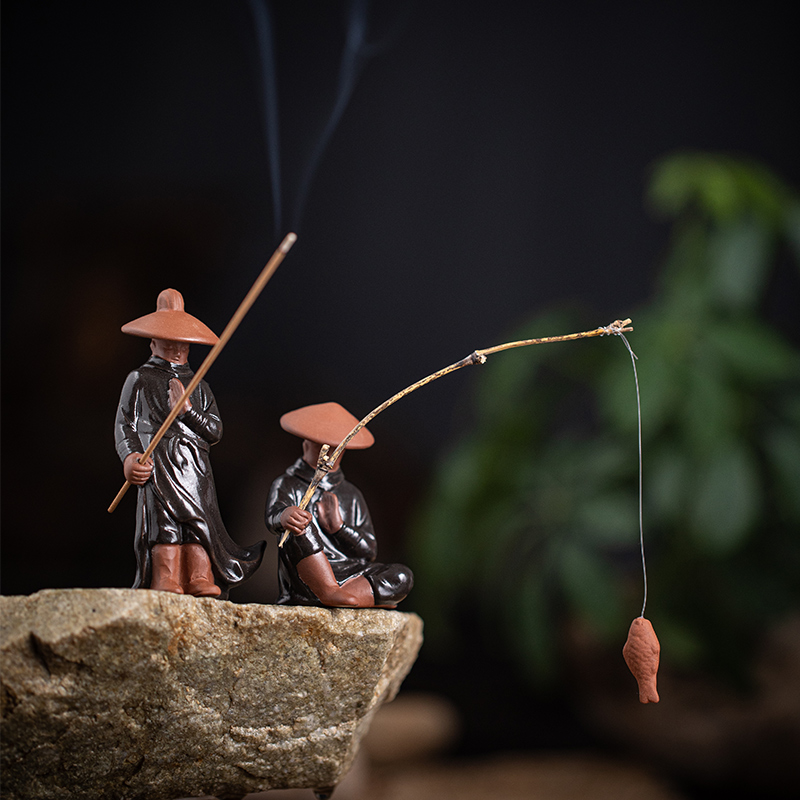 姜太公钓鱼小茶宠摆件鱼缸造景老头渔翁中式陶瓷雕塑微景观装饰品
