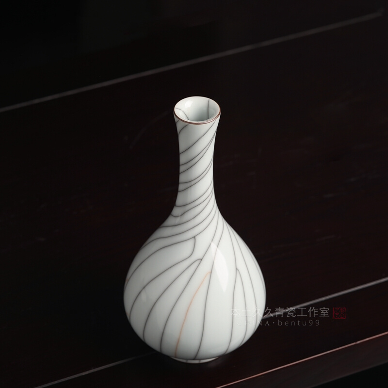 潘建波手工月白釉长颈瓶 龙泉青瓷器居家客厅花器中式 哥窑插花瓶