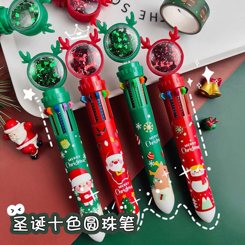 圣诞10色圆珠笔 学生按压式彩色笔十色合一圣诞老人按动圆珠笔0.5圣诞节多色圆珠笔手账笔