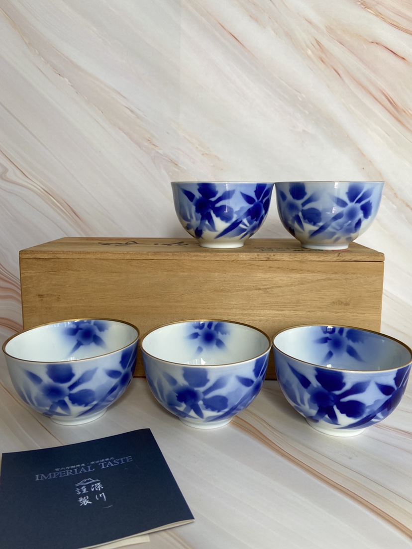 日本深川制 皇室御用瓷器 茶杯主人杯 帝王蓝色青花手绘描金 茶具