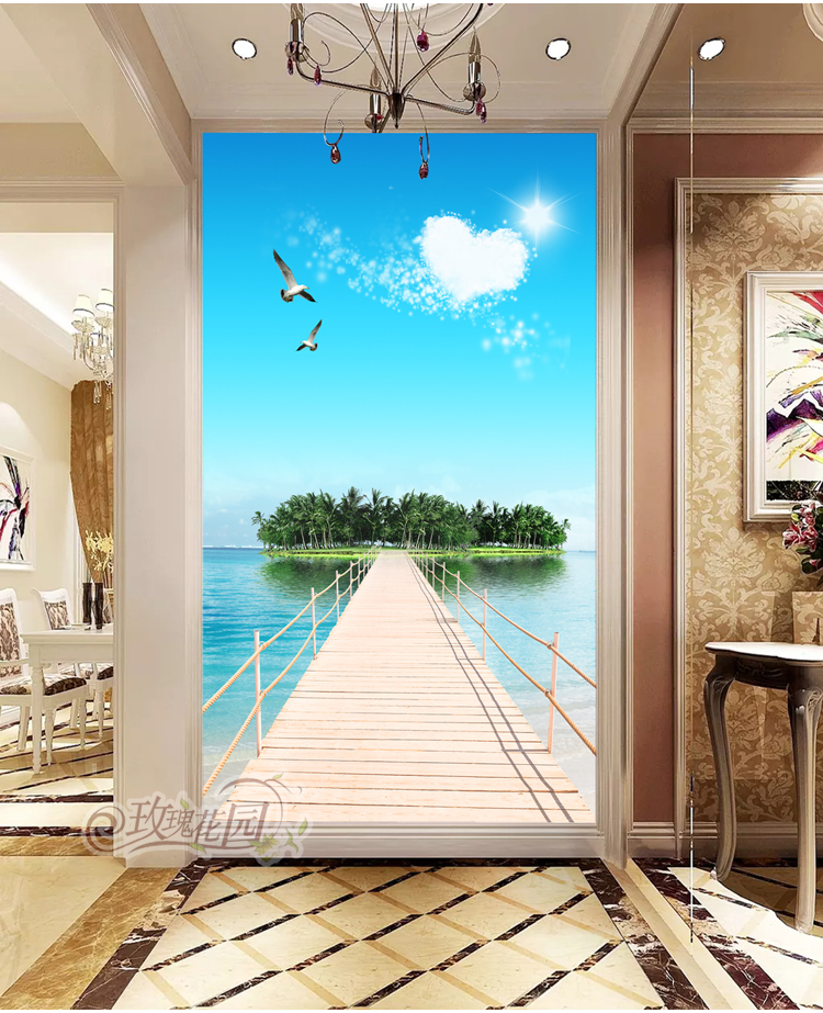 3D立体蓝天白云沙滩海洋风景玄关墙贴画过道走廊自粘壁画竖版壁纸