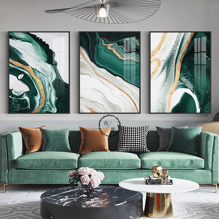 北欧轻奢客厅装饰画现代简约卧室床头画绿色抽象沙发背景墙三联画