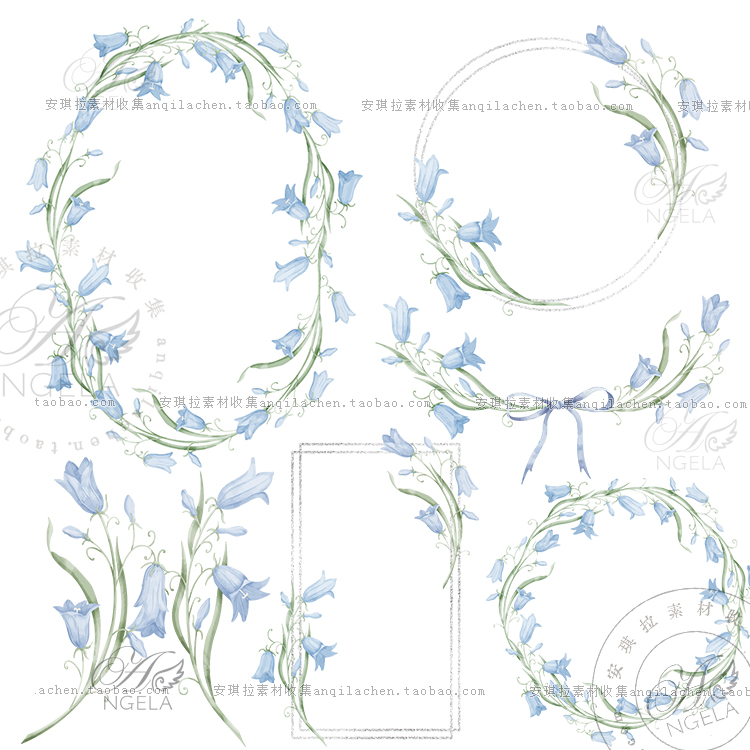 水彩蓝色唯美花卉藤蔓圆形边框婚礼卡片海报装饰png矢量设计素材