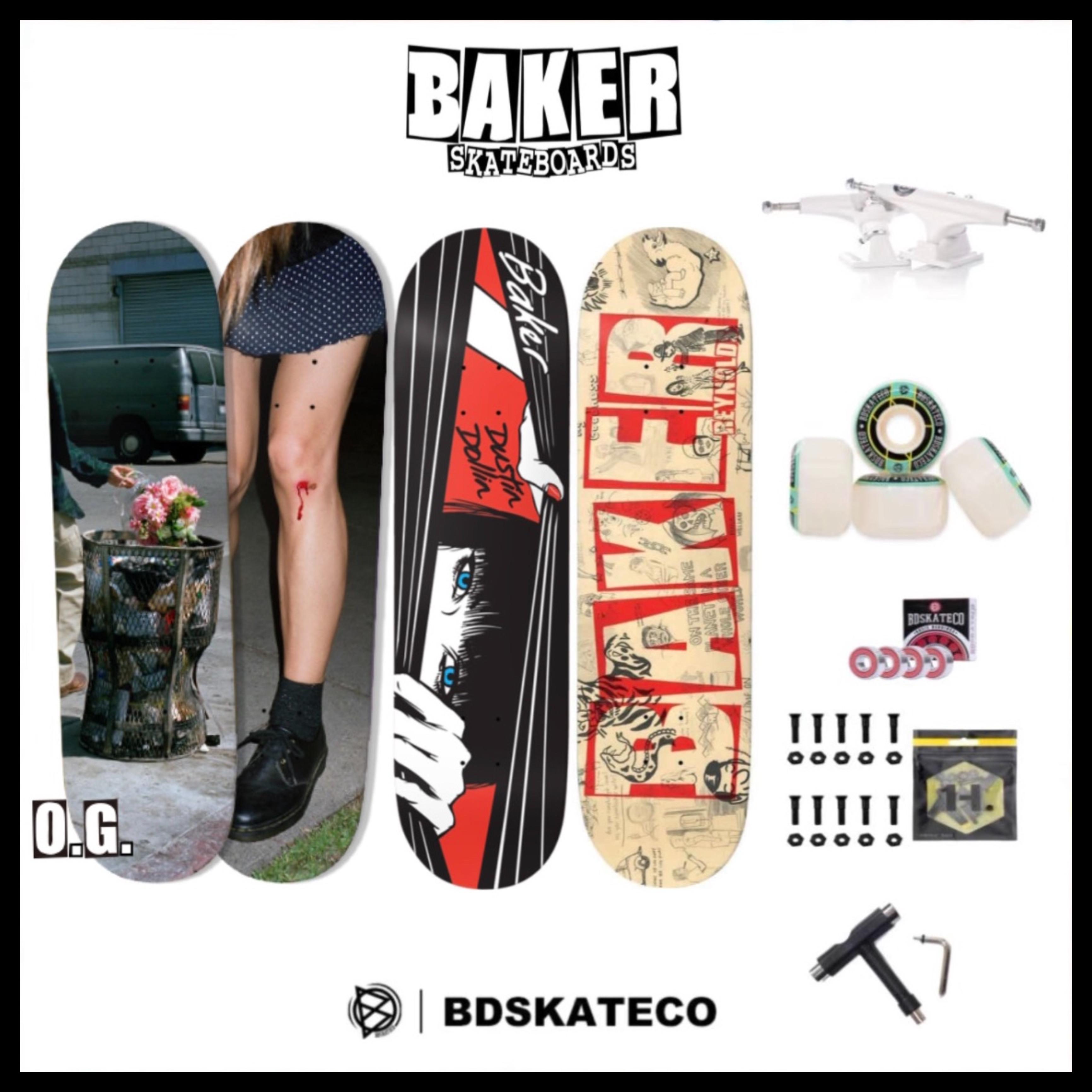美国进口BAKER组装四轮动作街式双翘青少年男女专业滑板套装整板