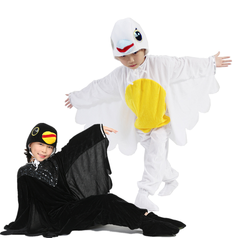 中性男女短款白色鸟海鸥鸽子黑色乌鸦儿童动物卡通表演长款演出服