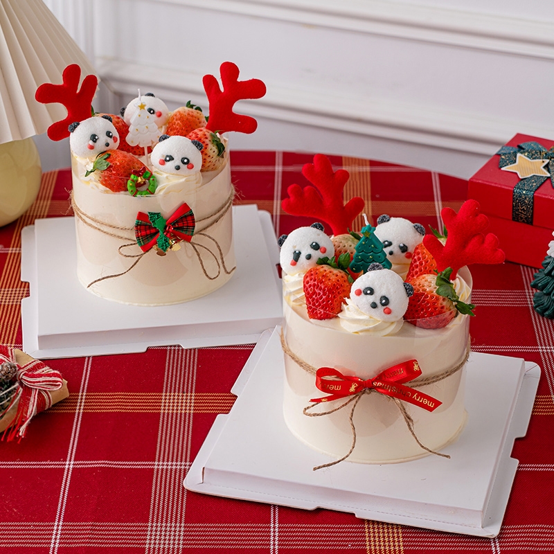 网红圣诞节平安夜蛋糕装饰圣诞树蜡烛鹿角创熊猫棉花糖烘焙装扮