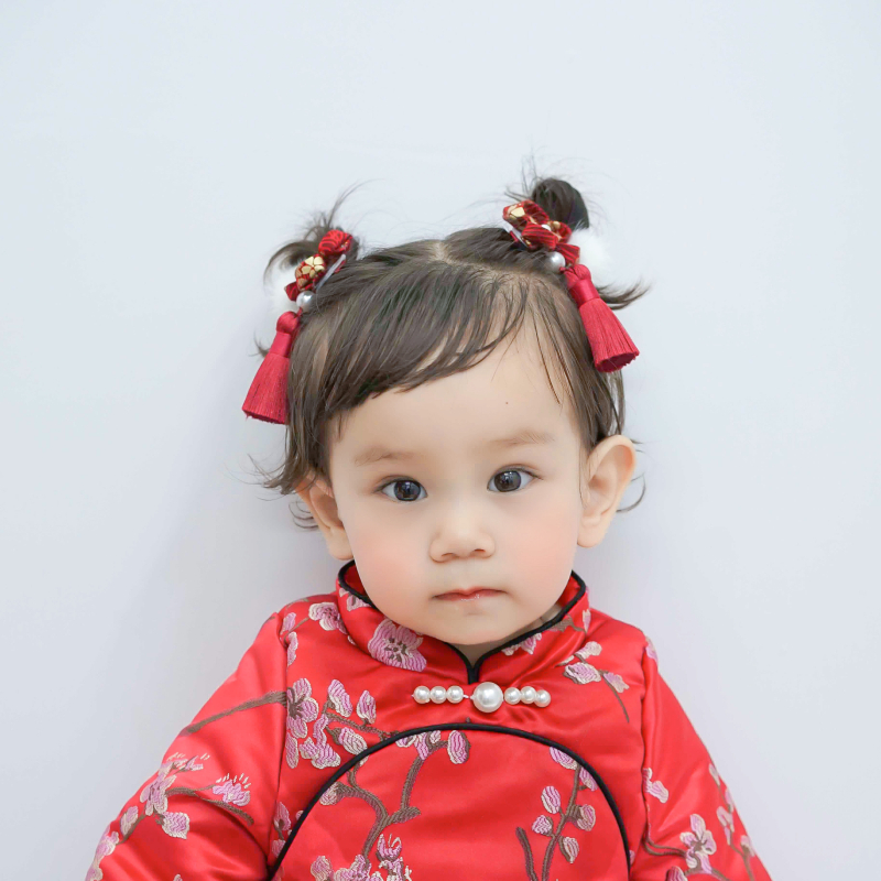 新年流苏中国风婴儿女童女宝宝汉服过年喜庆发夹拜年红色发饰头饰