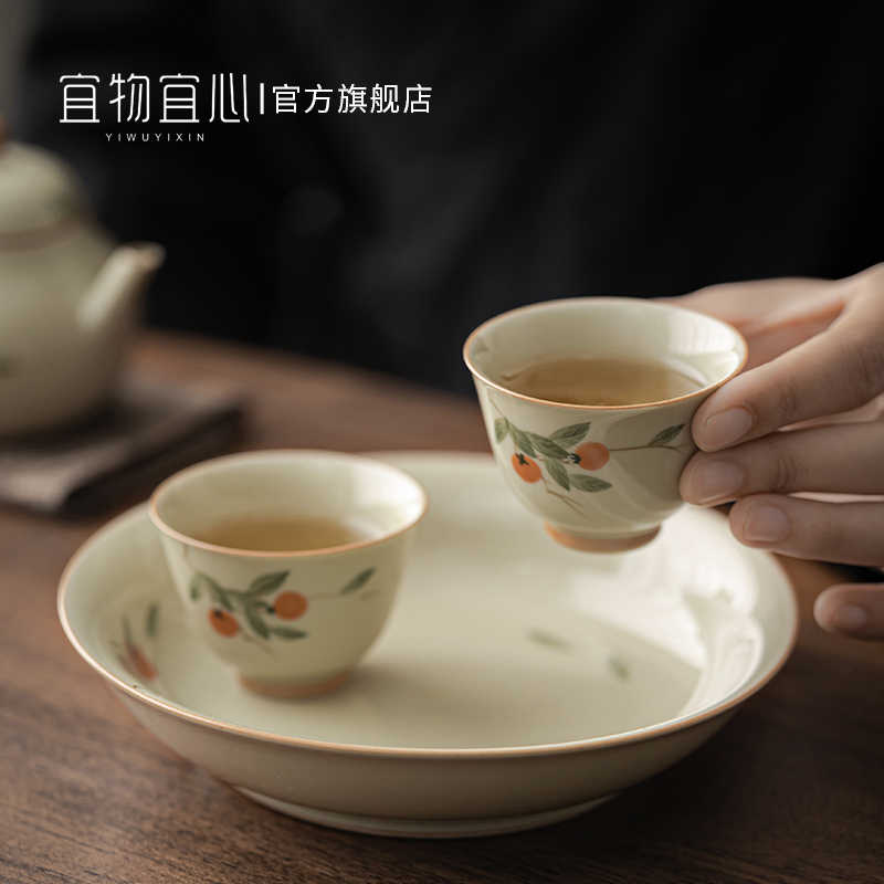 柿柿如意手绘景德镇功夫小茶杯陶瓷高档个人专用茶盏品茗杯茶道杯