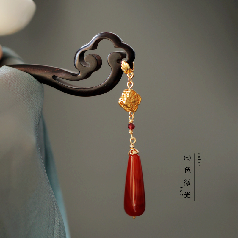 红色玛瑙原创手工黑檀木发簪古典中国风复古木簪气质汉服簪子旗袍