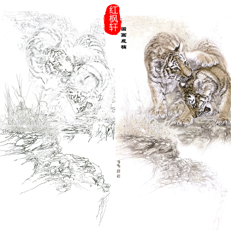 【有步骤】临摹李喆工笔画老虎《双雄图》线描底稿国画动物白描稿