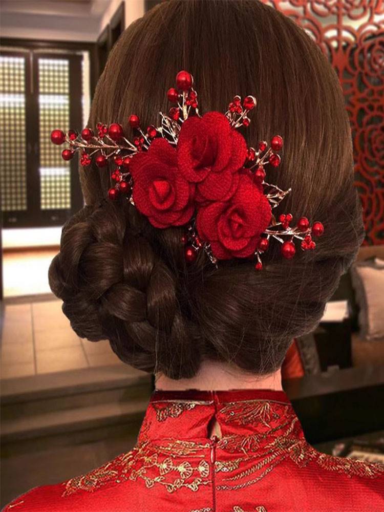 喜婆婆头饰盘发结婚妈妈带的头花高端发夹旗袍盘头饰品发型婚礼红