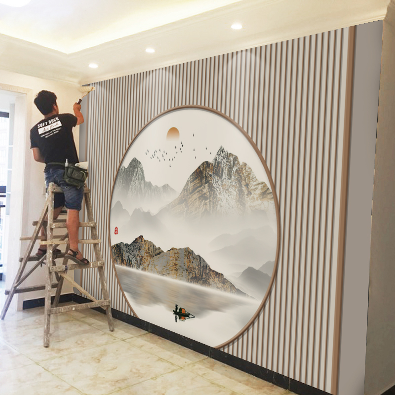 现代新中式山水电视机背景墙壁纸影视墙布客厅沙发壁画2022年新款