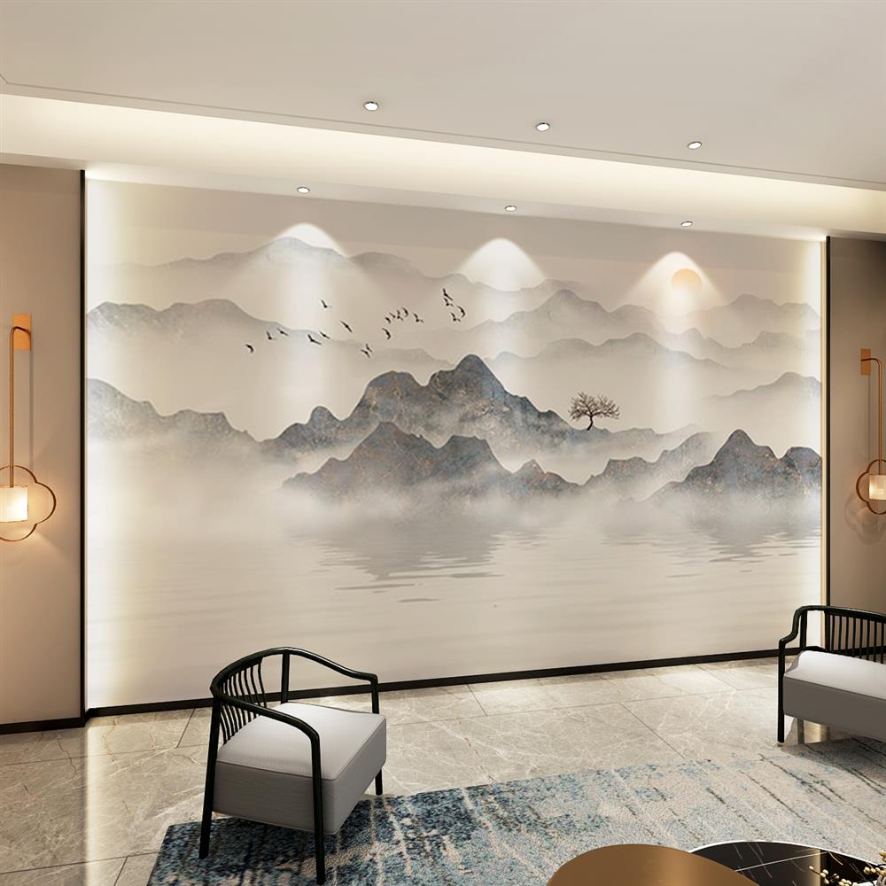 新中式展厅背景墙集成墙板竹木纤维卧室水墨山水画客厅沙发护墙板