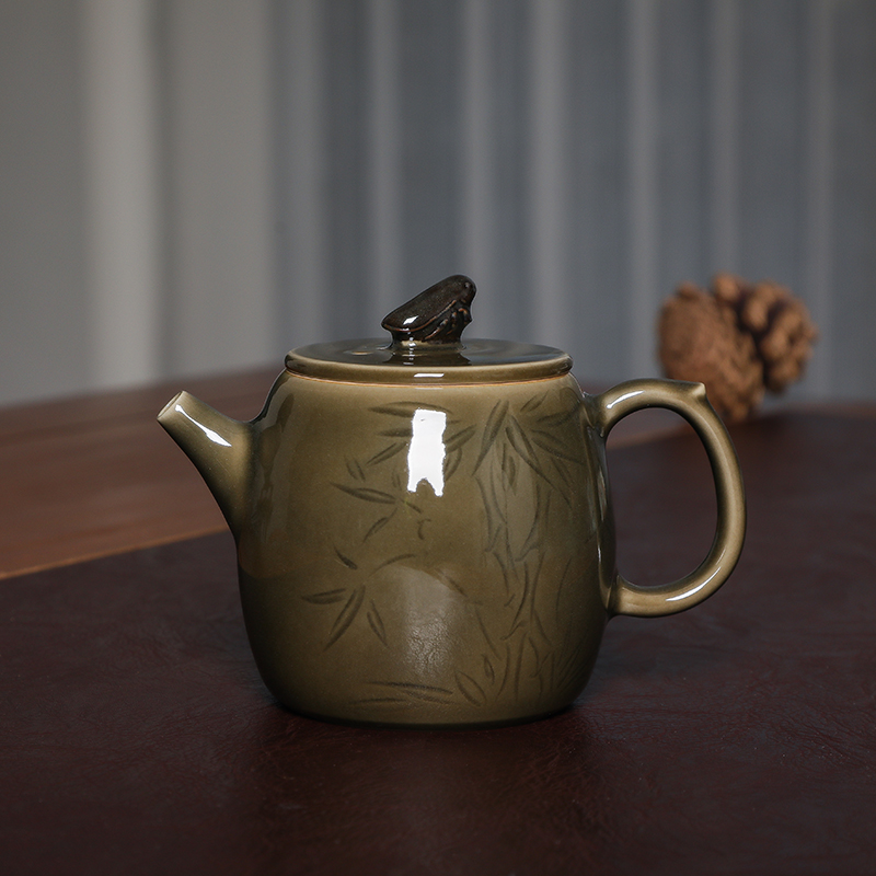 陈先明龙窑 龙泉青瓷传统柴烧工艺纯手工壶 功夫茶具茶壶 竹叶壶