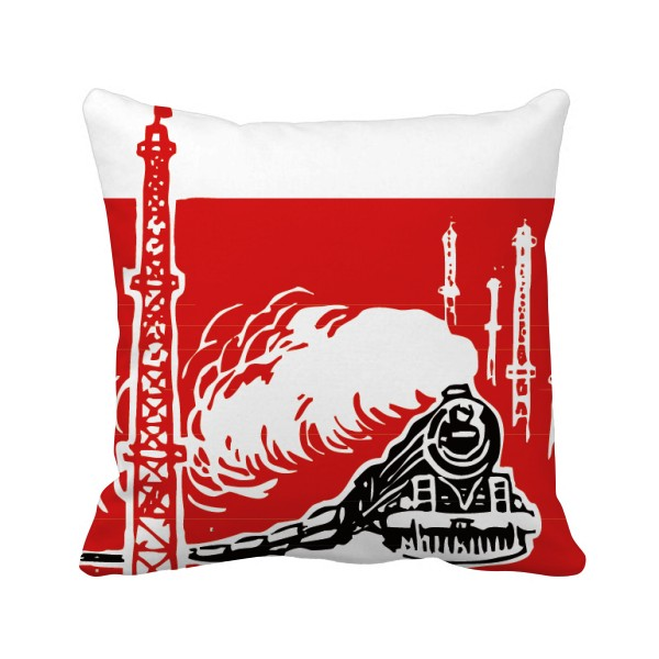 中国火车铁塔蒸汽红色插画方形抱枕靠枕沙发靠垫双面含芯礼物