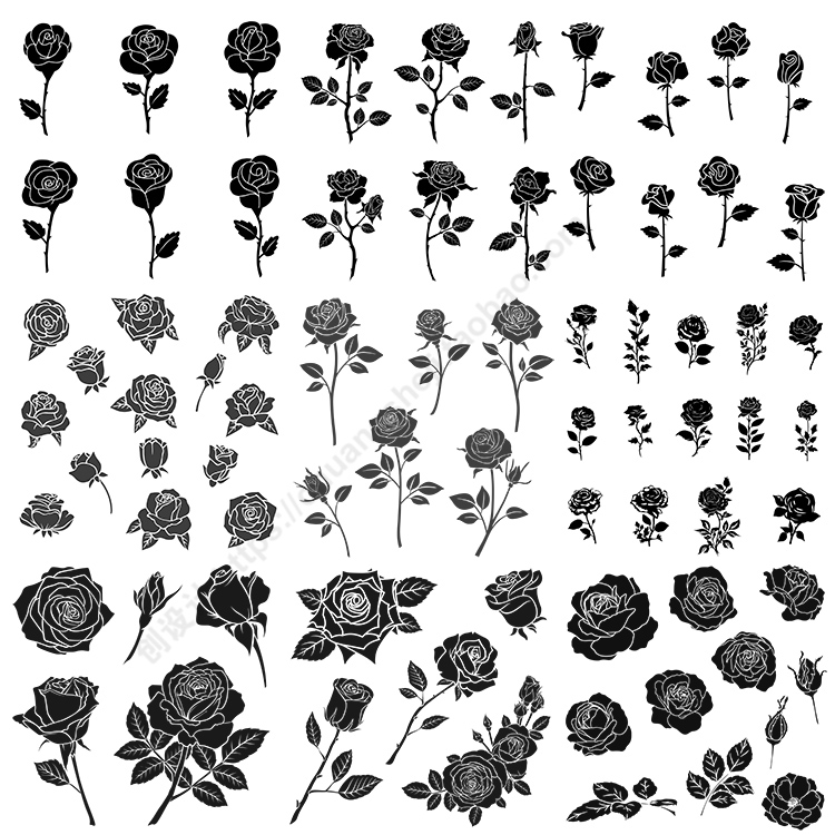 玫瑰剪影 黑白鲜花花朵花卉花瓣叶子图案 AI格式矢量设计素材