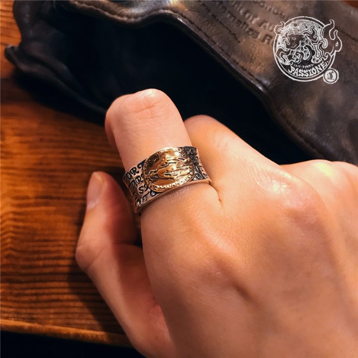 莲鱼山 墨西哥黑金风格古董像圣音题材可调节925纯银镀金戒指指轮