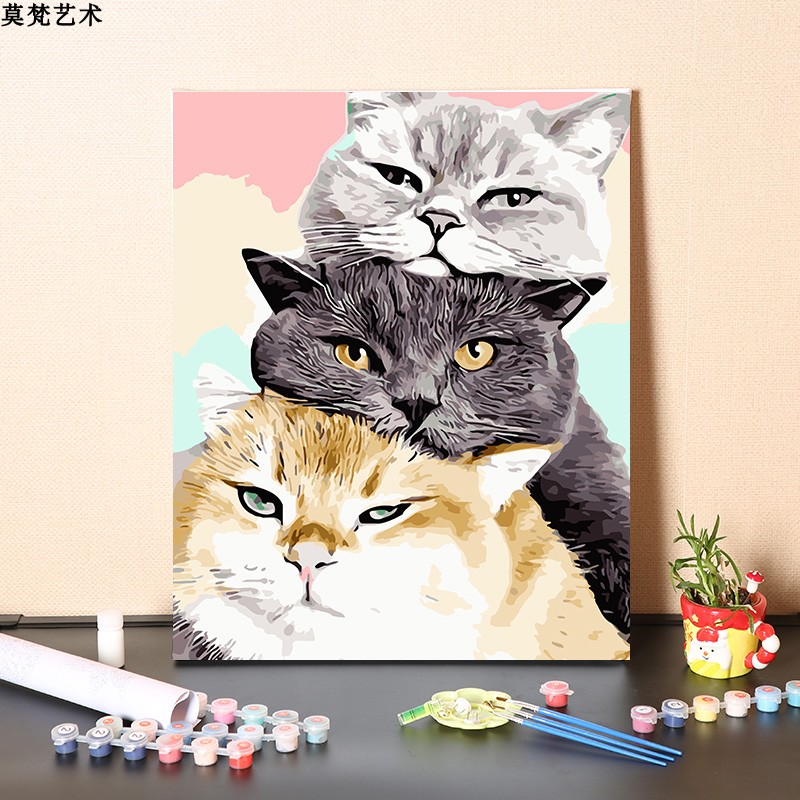 数字油画diy手工填充三只可爱小猫咪宠物手绘涂色填色画油彩画画