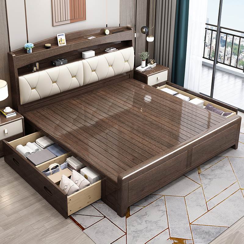 实木床1.8米乌丝檀木双人床新中式主卧室现代简约真皮床储物婚床