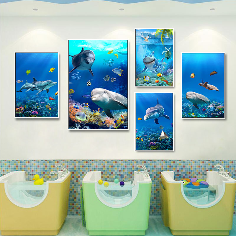 海底世界装饰画海洋主题婴儿游泳馆墙面挂画母婴店幼儿园海豚壁画