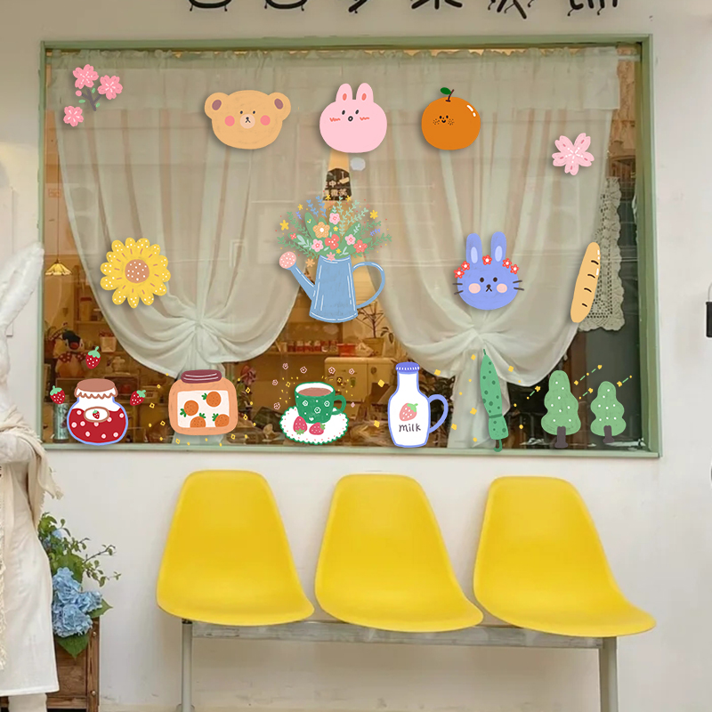 ins网红韩式手绘插画贴纸 店铺玻璃门卡通可爱装饰来图定制贴画