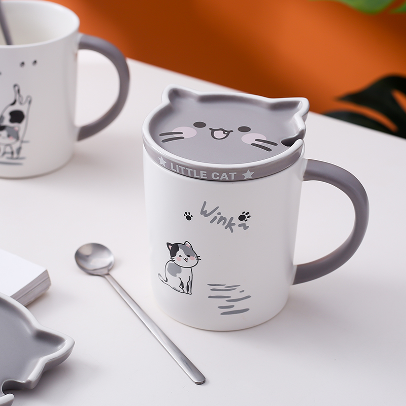 马克杯卡通猫咪陶瓷情侣杯子男生女生水杯咖啡杯带盖勺早餐牛奶杯