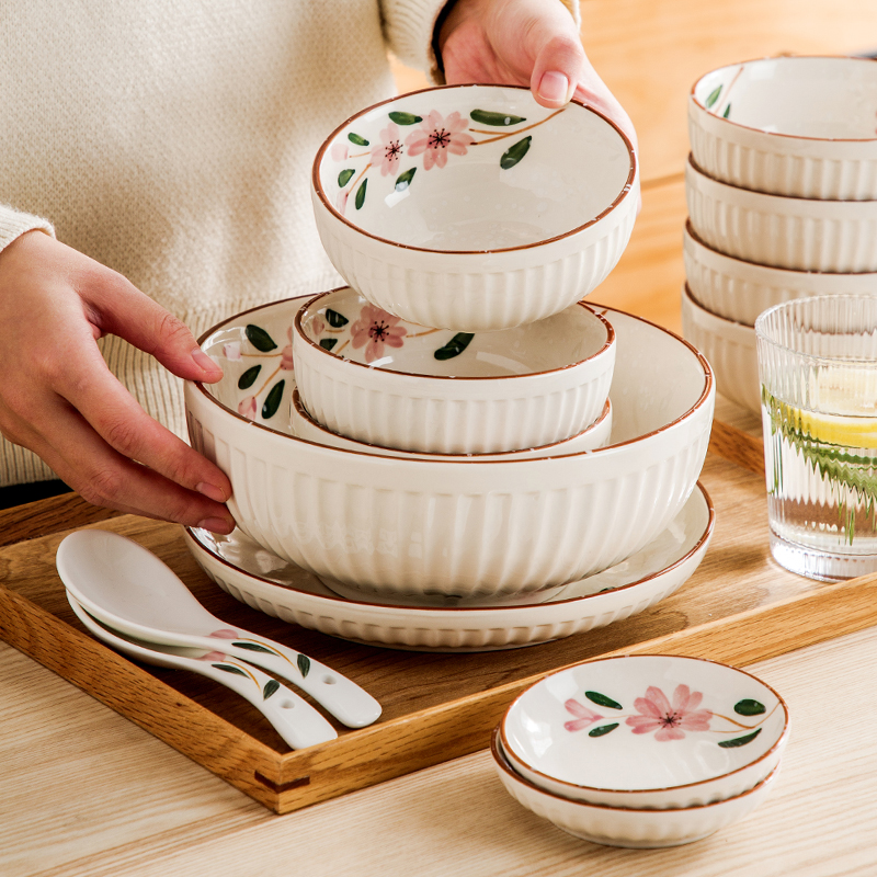 多美然釉下彩绘樱花碗盘碟陶瓷餐具家用吃饭碗菜盘子汤碗套装组合