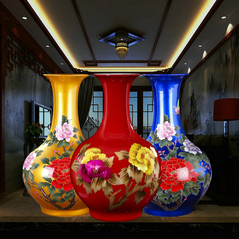 景德镇陶瓷器红黄蓝色牡丹插花瓶中式装饰居家客厅桌面简约摆件