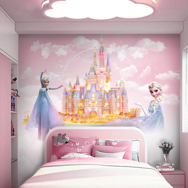 梦幻儿童爱莎公主房壁纸卡通粉色城堡墙纸女孩卧室房间背景墙壁画