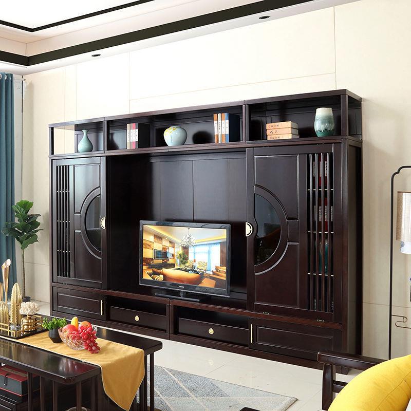 新中式实木电视柜组合墙大户型3.2m多功能影视柜客厅电视背景墙柜